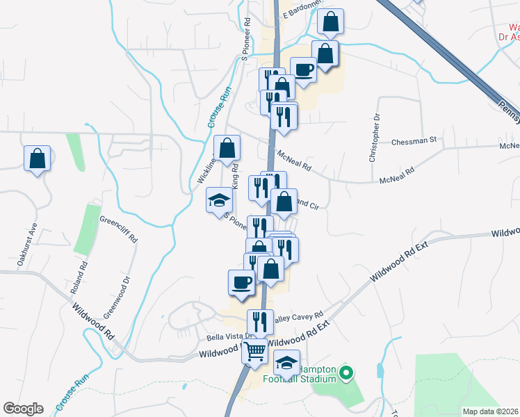map of restaurants, bars, coffee shops, grocery stores, and more near 4767 William Flinn Highway in Hampton Township