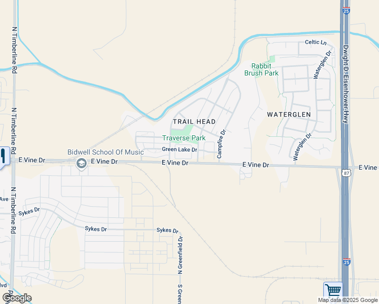 map of restaurants, bars, coffee shops, grocery stores, and more near 3349 Green Lake Drive in Fort Collins