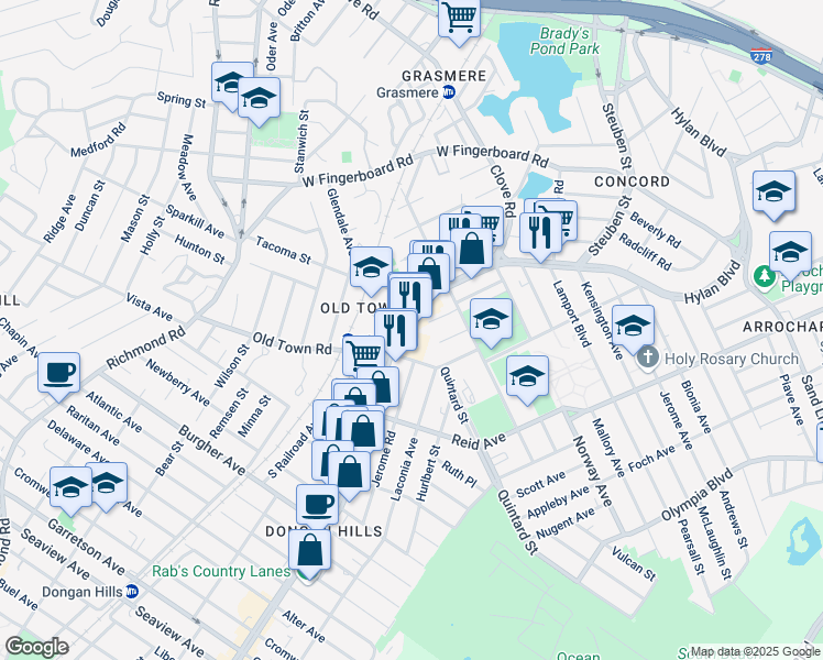 map of restaurants, bars, coffee shops, grocery stores, and more near 1320 Hylan Boulevard in Staten Island