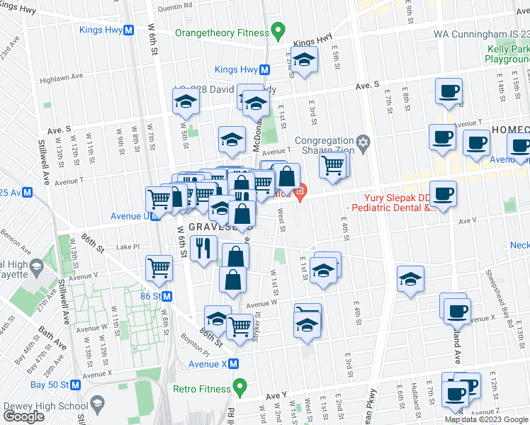 map of restaurants, bars, coffee shops, grocery stores, and more near 2299 McDonald Avenue in Brooklyn