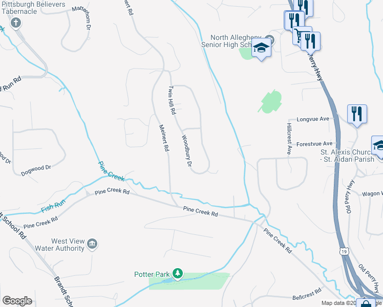 map of restaurants, bars, coffee shops, grocery stores, and more near 10141 Woodbury Drive in Wexford