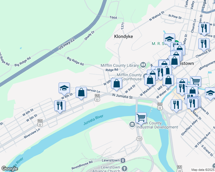 map of restaurants, bars, coffee shops, grocery stores, and more near 219 Bratton Avenue in Lewistown