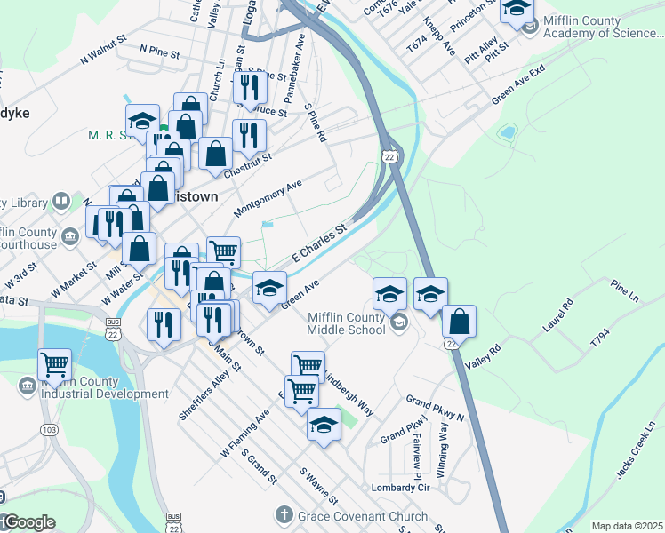 map of restaurants, bars, coffee shops, grocery stores, and more near 435 Green Avenue in Lewistown