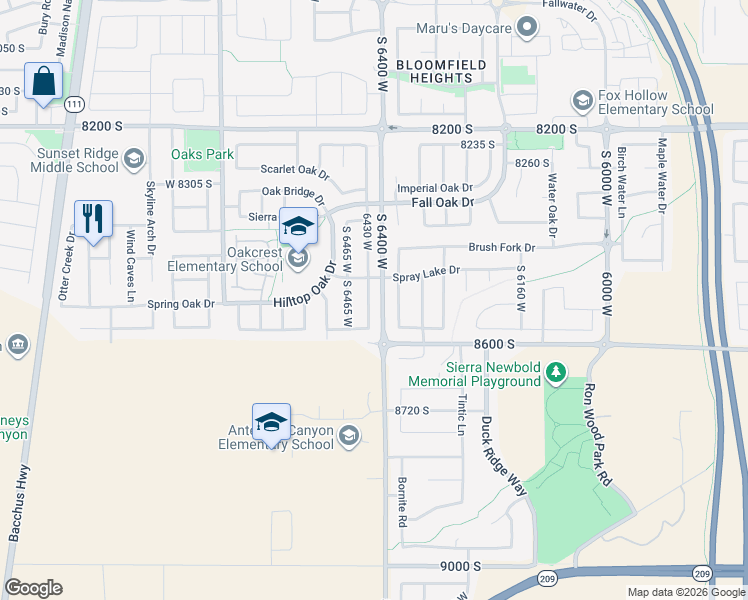 map of restaurants, bars, coffee shops, grocery stores, and more near 8519 6430 West in West Jordan