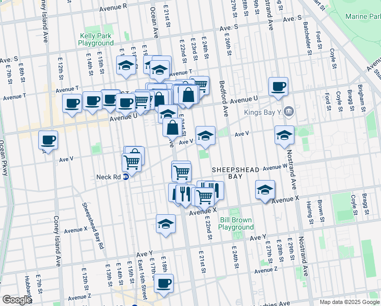 map of restaurants, bars, coffee shops, grocery stores, and more near 2314 East 21st Street in Brooklyn