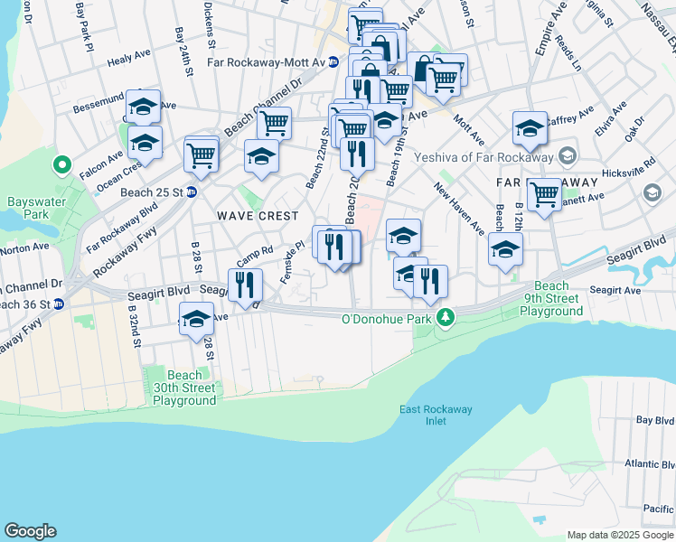 map of restaurants, bars, coffee shops, grocery stores, and more near 20-6 Seagirt Boulevard in Queens
