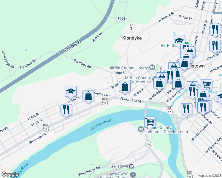 map of restaurants, bars, coffee shops, grocery stores, and more near 320 West 5th Street in Lewistown