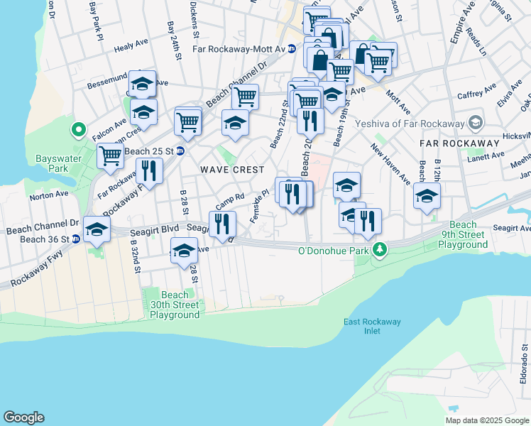 map of restaurants, bars, coffee shops, grocery stores, and more near 20-42 Seagirt Boulevard in Queens