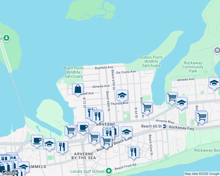 map of restaurants, bars, coffee shops, grocery stores, and more near 5-33 Beach 67th Street in Queens