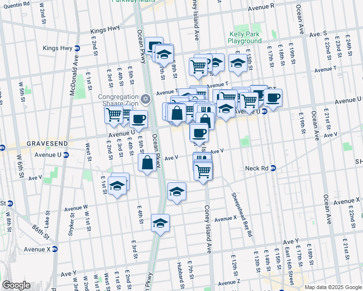 map of restaurants, bars, coffee shops, grocery stores, and more near 2235 East 7th Street in Brooklyn