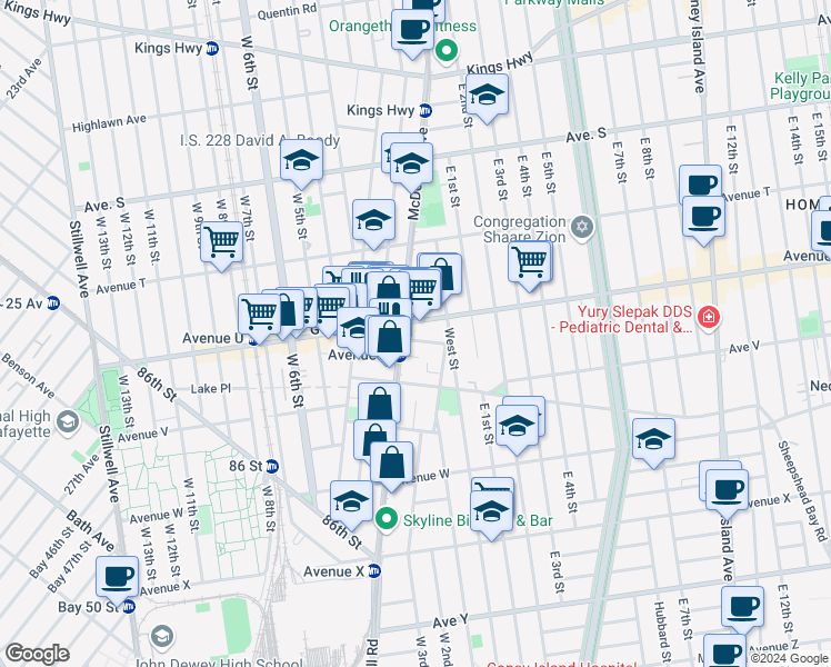 map of restaurants, bars, coffee shops, grocery stores, and more near 2299 McDonald Avenue in Brooklyn