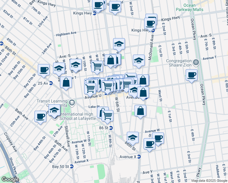 map of restaurants, bars, coffee shops, grocery stores, and more near 2108 West 7th Street in Brooklyn