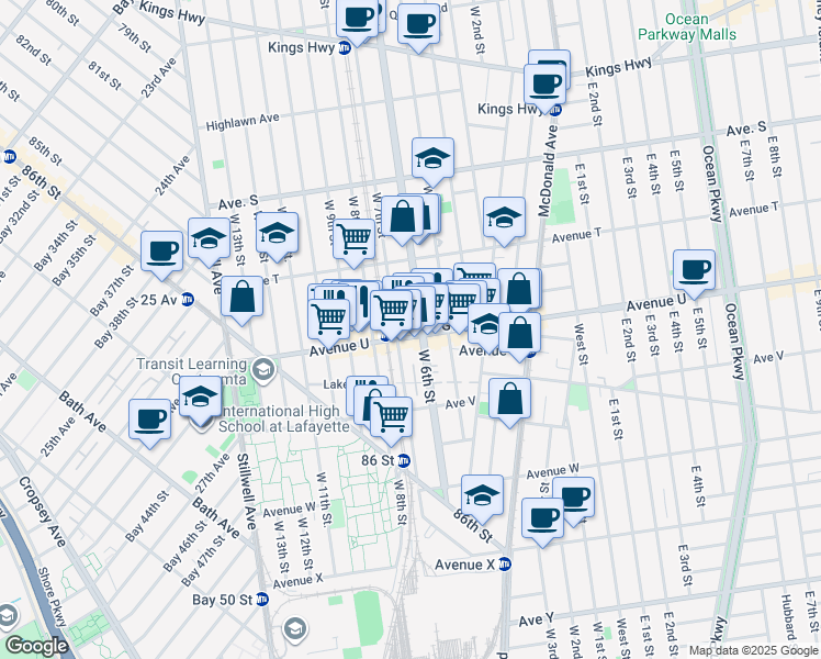 map of restaurants, bars, coffee shops, grocery stores, and more near 2108 West 7th Street in Brooklyn