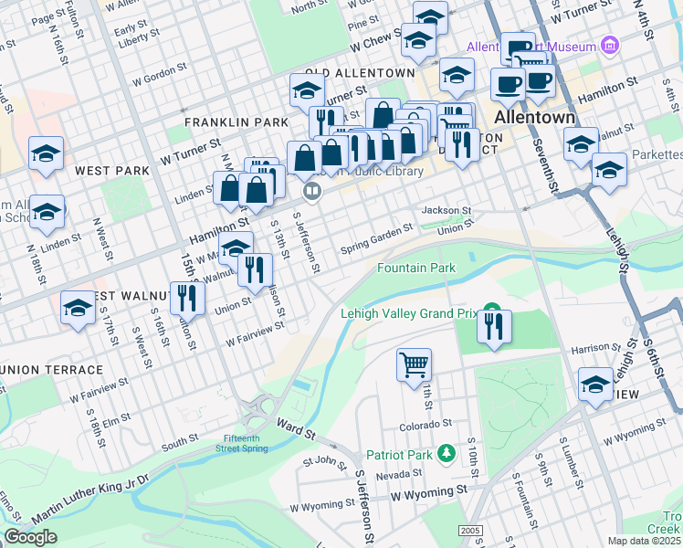 map of restaurants, bars, coffee shops, grocery stores, and more near 1147 Martin Luther King Junior Drive in Allentown