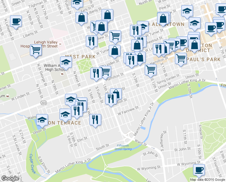 map of restaurants, bars, coffee shops, grocery stores, and more near 126 South Franklin Street in Allentown