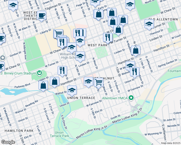map of restaurants, bars, coffee shops, grocery stores, and more near 26 South 17th Street in Allentown