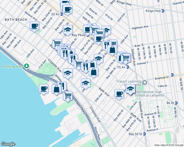 map of restaurants, bars, coffee shops, grocery stores, and more near 145 Bay 35th Street in Brooklyn