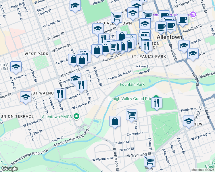 map of restaurants, bars, coffee shops, grocery stores, and more near 1204 Union Street in Allentown
