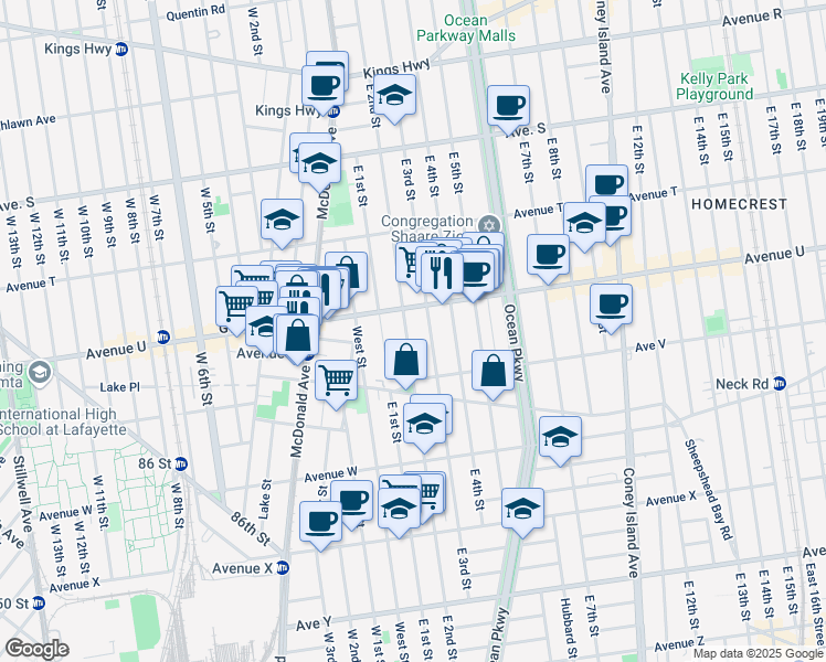 map of restaurants, bars, coffee shops, grocery stores, and more near 2190 East 2nd Street in Brooklyn