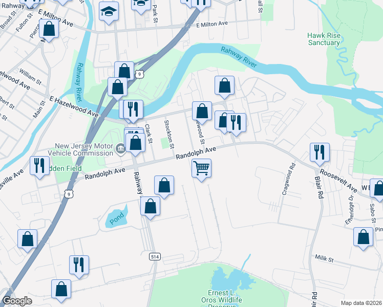 map of restaurants, bars, coffee shops, grocery stores, and more near 6a Terminal Way in Woodbridge Township