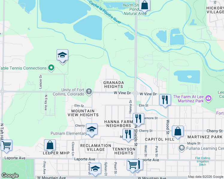 map of restaurants, bars, coffee shops, grocery stores, and more near 691 Hanna Street in Fort Collins