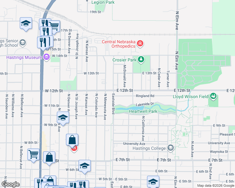 map of restaurants, bars, coffee shops, grocery stores, and more near 1100-1162 Eastside Boulevard in Hastings