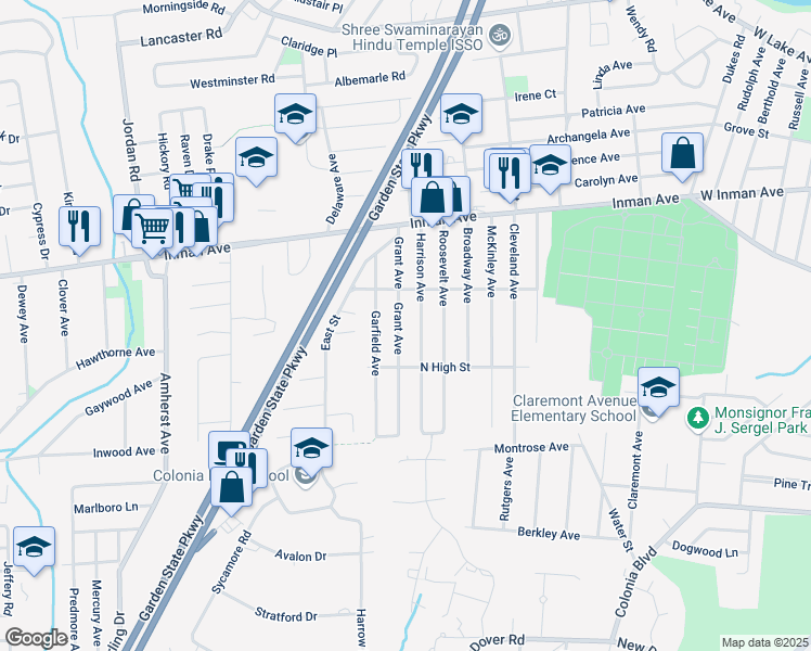 map of restaurants, bars, coffee shops, grocery stores, and more near 105 Harrison Avenue in Woodbridge Township