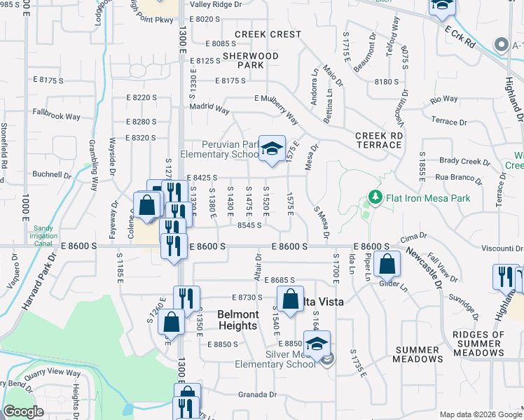 map of restaurants, bars, coffee shops, grocery stores, and more near 1537 8545 South in Sandy