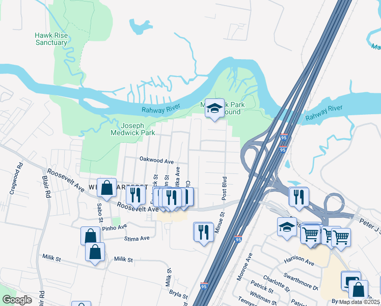 map of restaurants, bars, coffee shops, grocery stores, and more near 71 Pennsylvania Avenue in Carteret