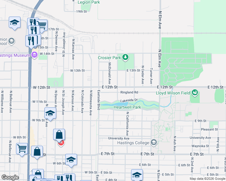 map of restaurants, bars, coffee shops, grocery stores, and more near 139 Ringland Road in Hastings