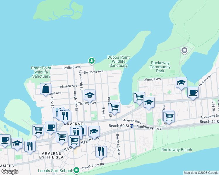 map of restaurants, bars, coffee shops, grocery stores, and more near 62-34 Burchell Road in Queens