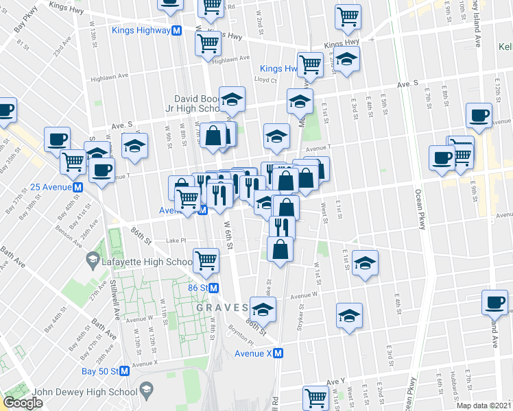 map of restaurants, bars, coffee shops, grocery stores, and more near Avenue U & West 4th Street in Brooklyn