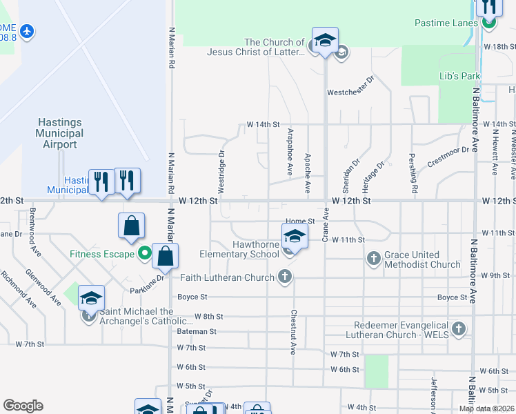 map of restaurants, bars, coffee shops, grocery stores, and more near 2301-2423 Home Street in Hastings