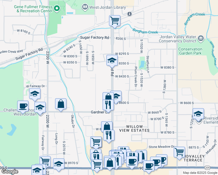 map of restaurants, bars, coffee shops, grocery stores, and more near 8510 South Redwood Road in West Jordan