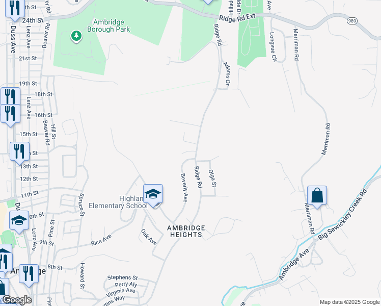 map of restaurants, bars, coffee shops, grocery stores, and more near 1025 Ridge Road in Ambridge