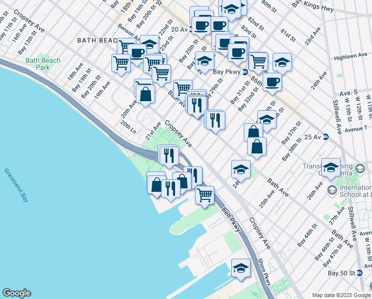 map of restaurants, bars, coffee shops, grocery stores, and more near 8855 Bay Parkway in Brooklyn