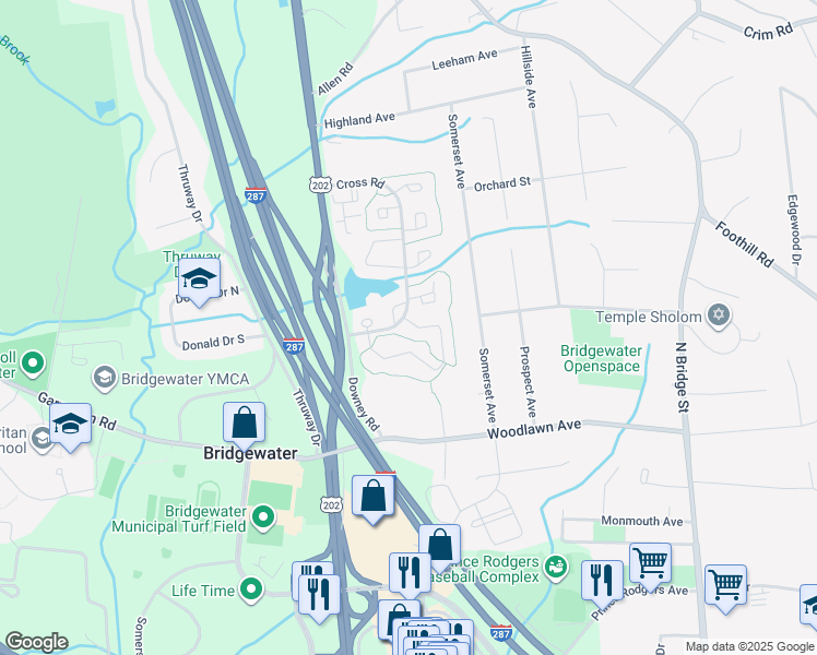 map of restaurants, bars, coffee shops, grocery stores, and more near 332 Greenfield Road in Bridgewater Township