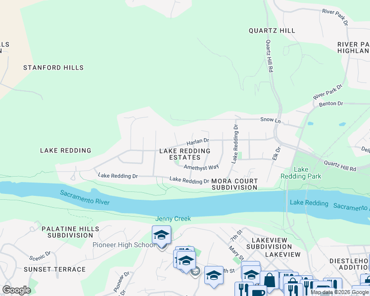 map of restaurants, bars, coffee shops, grocery stores, and more near 2838 Uranium Court in Redding