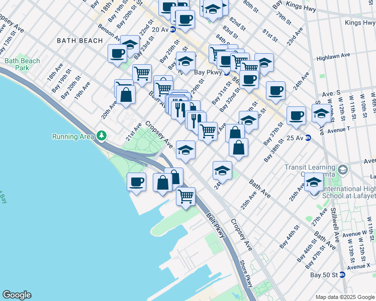 map of restaurants, bars, coffee shops, grocery stores, and more near 180 Bay 32nd Street in Brooklyn