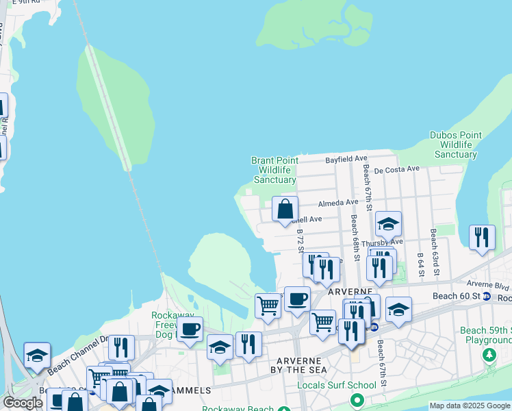 map of restaurants, bars, coffee shops, grocery stores, and more near 605 Barbadoes Drive in Queens