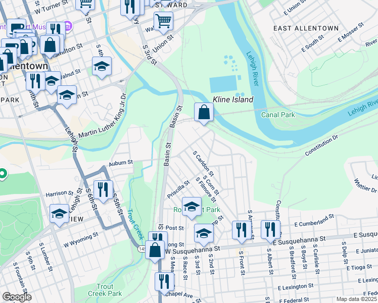 map of restaurants, bars, coffee shops, grocery stores, and more near 606 South Carldon Street in Allentown