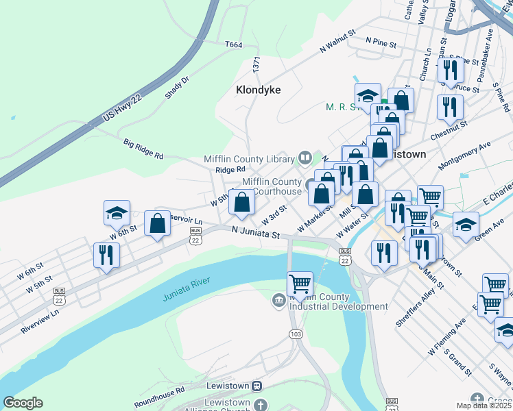 map of restaurants, bars, coffee shops, grocery stores, and more near 126 West 4th Street in Lewistown