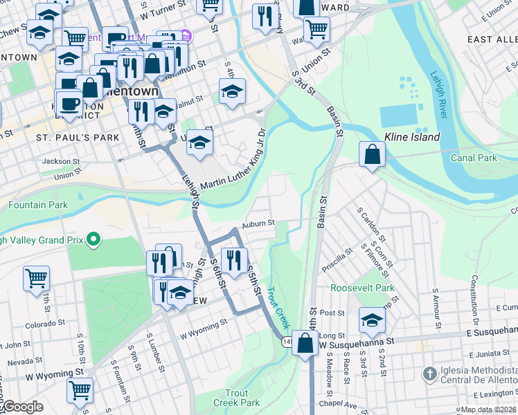 map of restaurants, bars, coffee shops, grocery stores, and more near 401 Market Street in Allentown