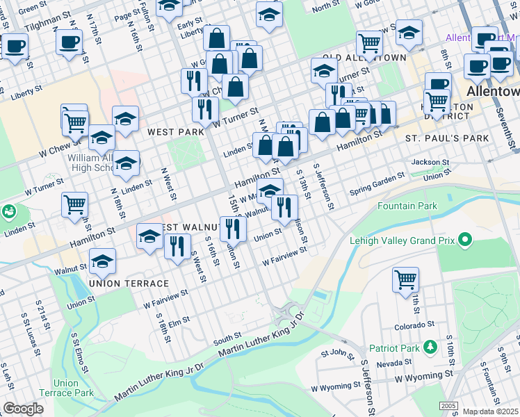 map of restaurants, bars, coffee shops, grocery stores, and more near 51 South Franklin Street in Allentown