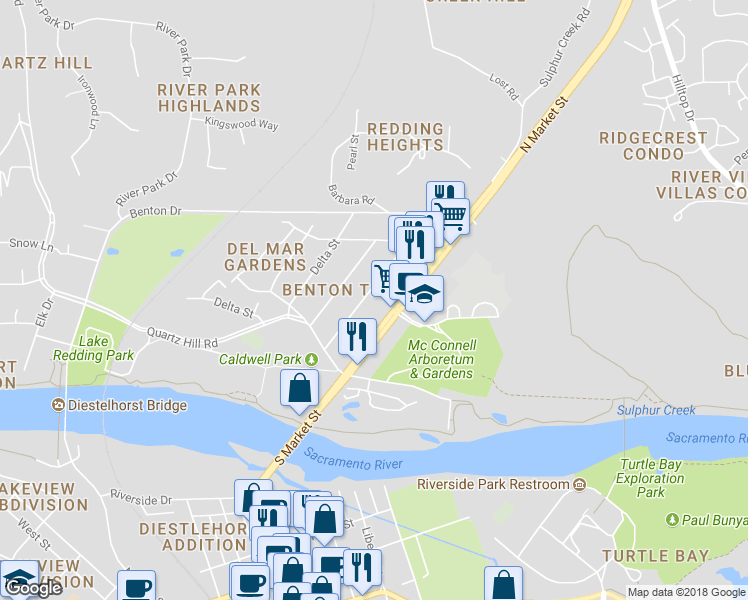 map of restaurants, bars, coffee shops, grocery stores, and more near 735 Loma Street in Redding