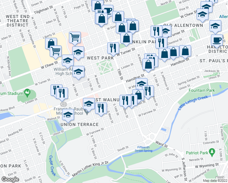 map of restaurants, bars, coffee shops, grocery stores, and more near 1528-1552 Hamilton Street in Allentown