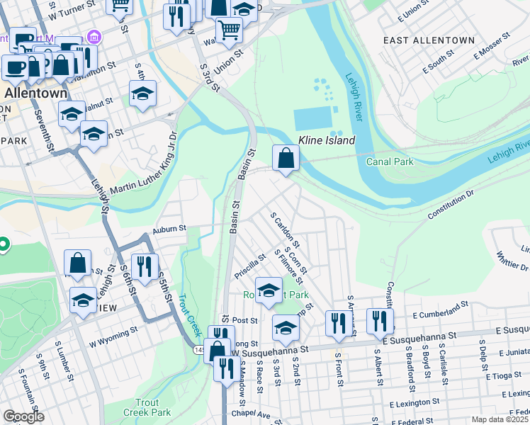 map of restaurants, bars, coffee shops, grocery stores, and more near 606 South Carldon Street in Allentown