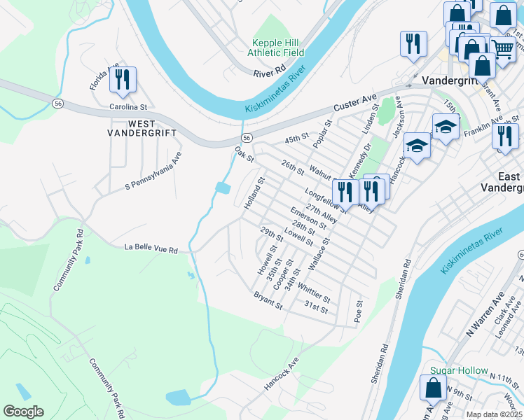 map of restaurants, bars, coffee shops, grocery stores, and more near 502 Lowell Street in Vandergrift
