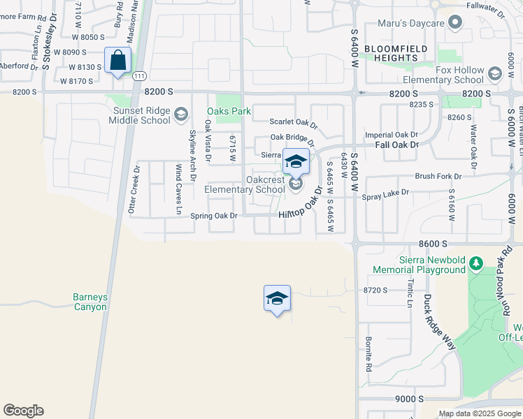 map of restaurants, bars, coffee shops, grocery stores, and more near 6647 Merlot Way in West Jordan