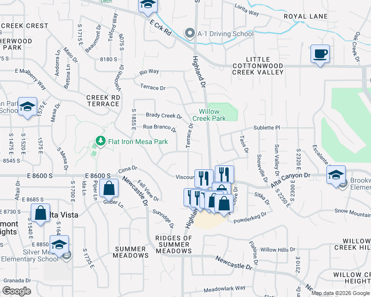 map of restaurants, bars, coffee shops, grocery stores, and more near 8460 Terrace Drive in Sandy